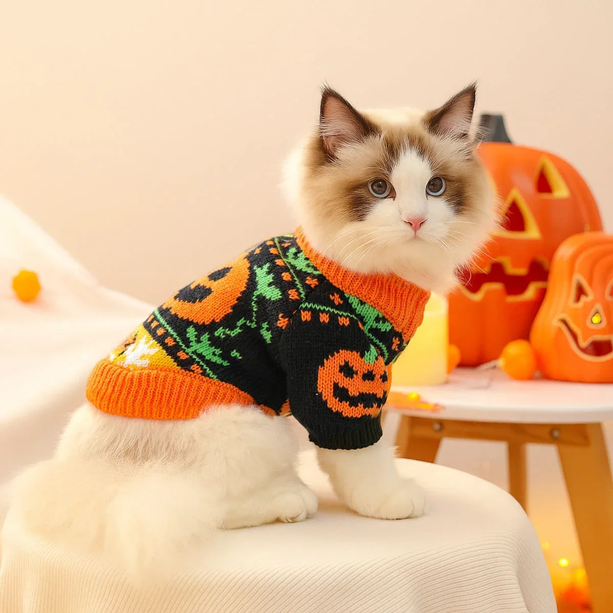 Halloween Pumpkin Pet Sweater for Cats & Small Dogs - Image 2