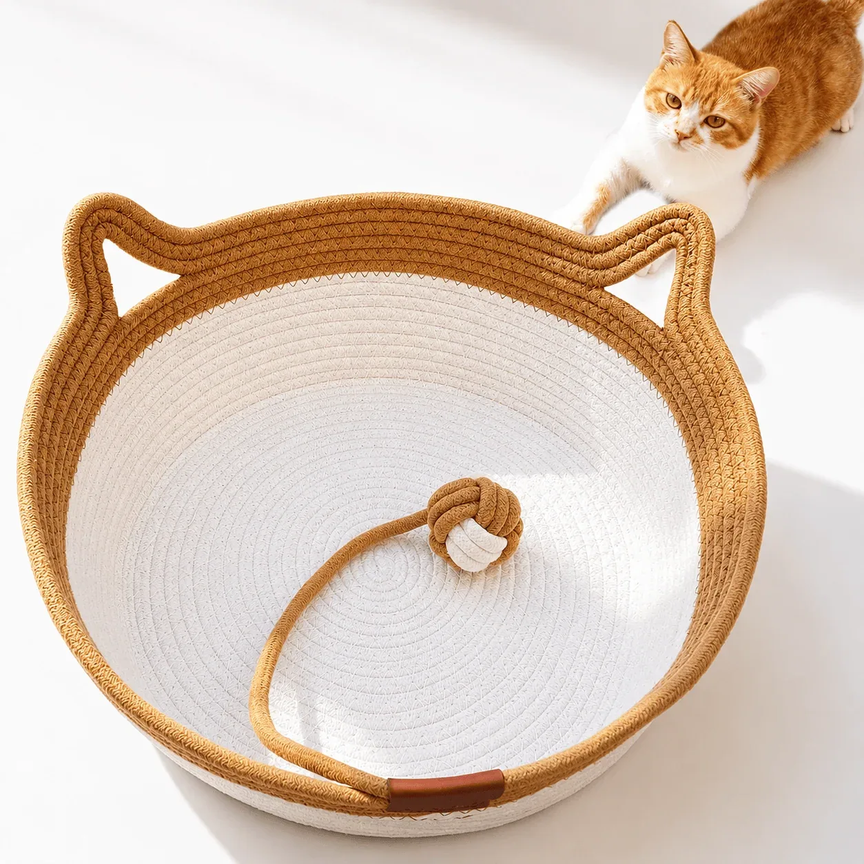 Handwoven Cotton Rope Cat Basket Bed with Scratcher & Hanging Toy