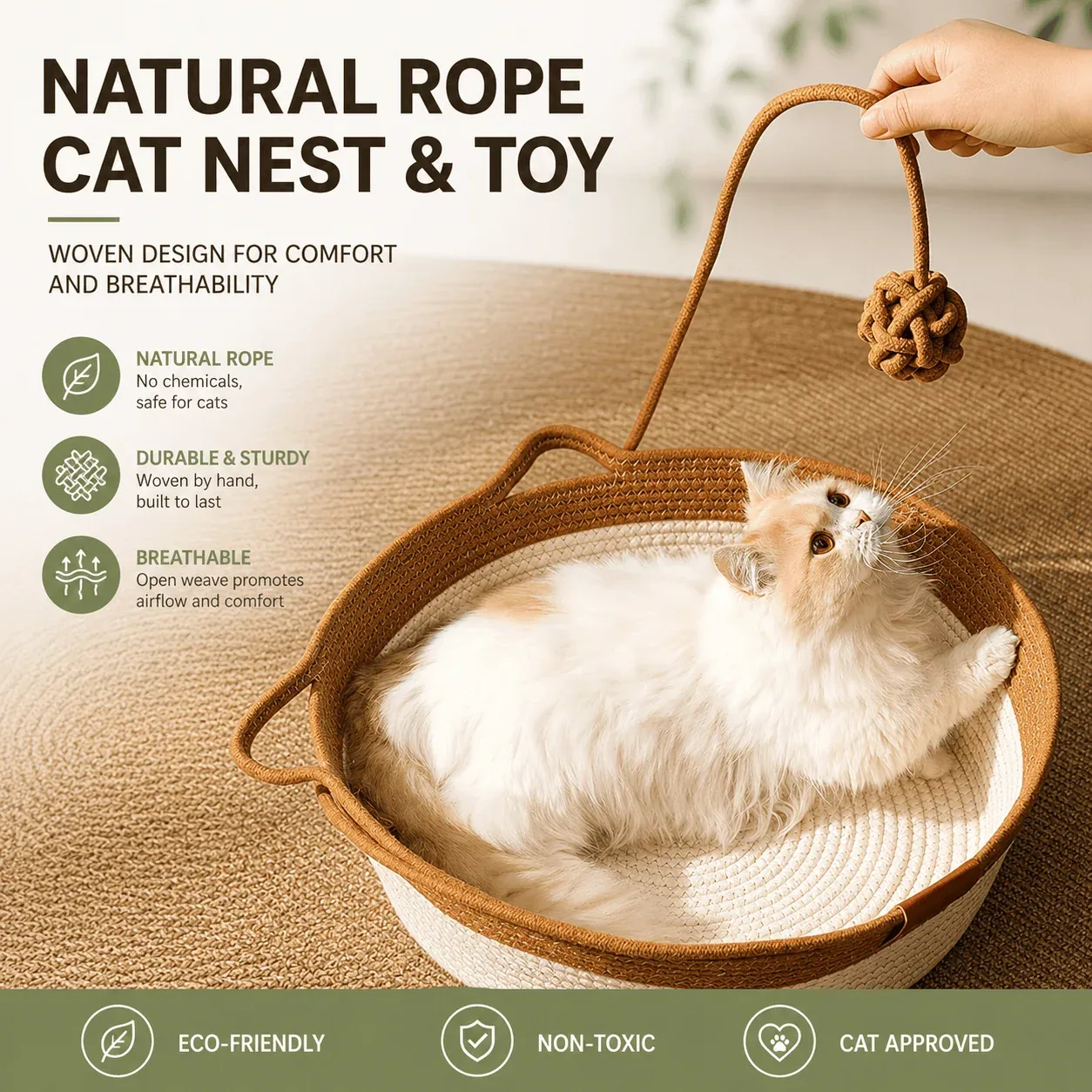 Handwoven Cotton Rope Cat Basket Bed with Scratcher & Hanging Toy - Image 2