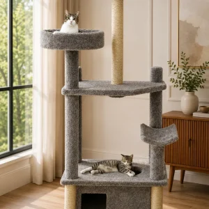 Heavy-Duty Cat Tower with Enclosed House for Large Cats – 7 Foot Solid Wood Cat Tree