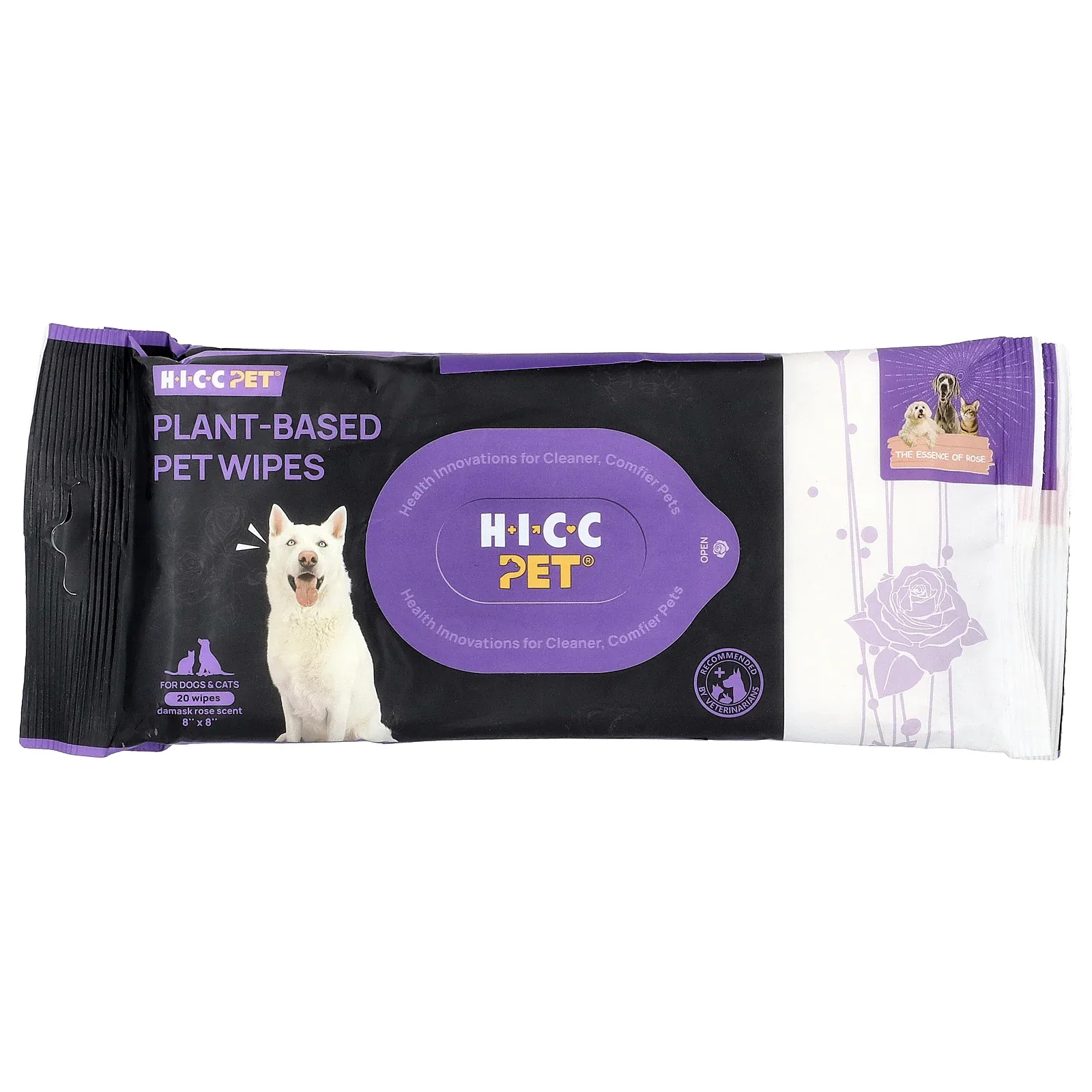 HICC Pet, Plant-Based Pet Wipes, For Dogs & Cats, Damask Rose, 6 Packs, 20 Wipes Each - Image 2