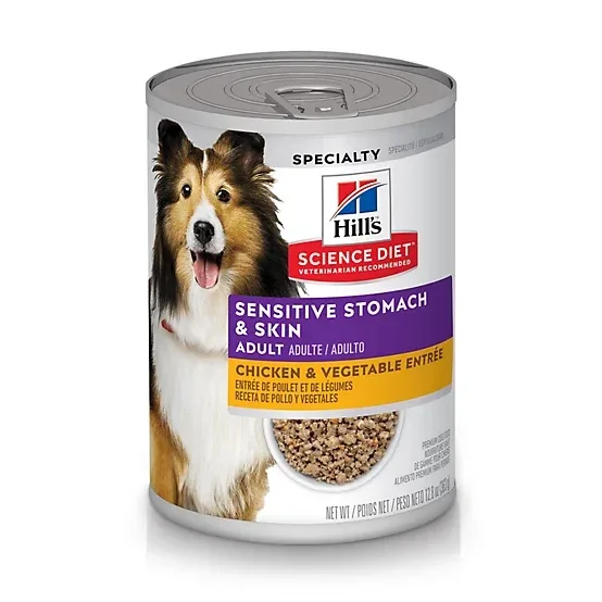 Hill's Science Diet Adult Sensitive Stomach and Skin Chicken and Vegetable Entree Wet Dog Food, 12.8 oz.