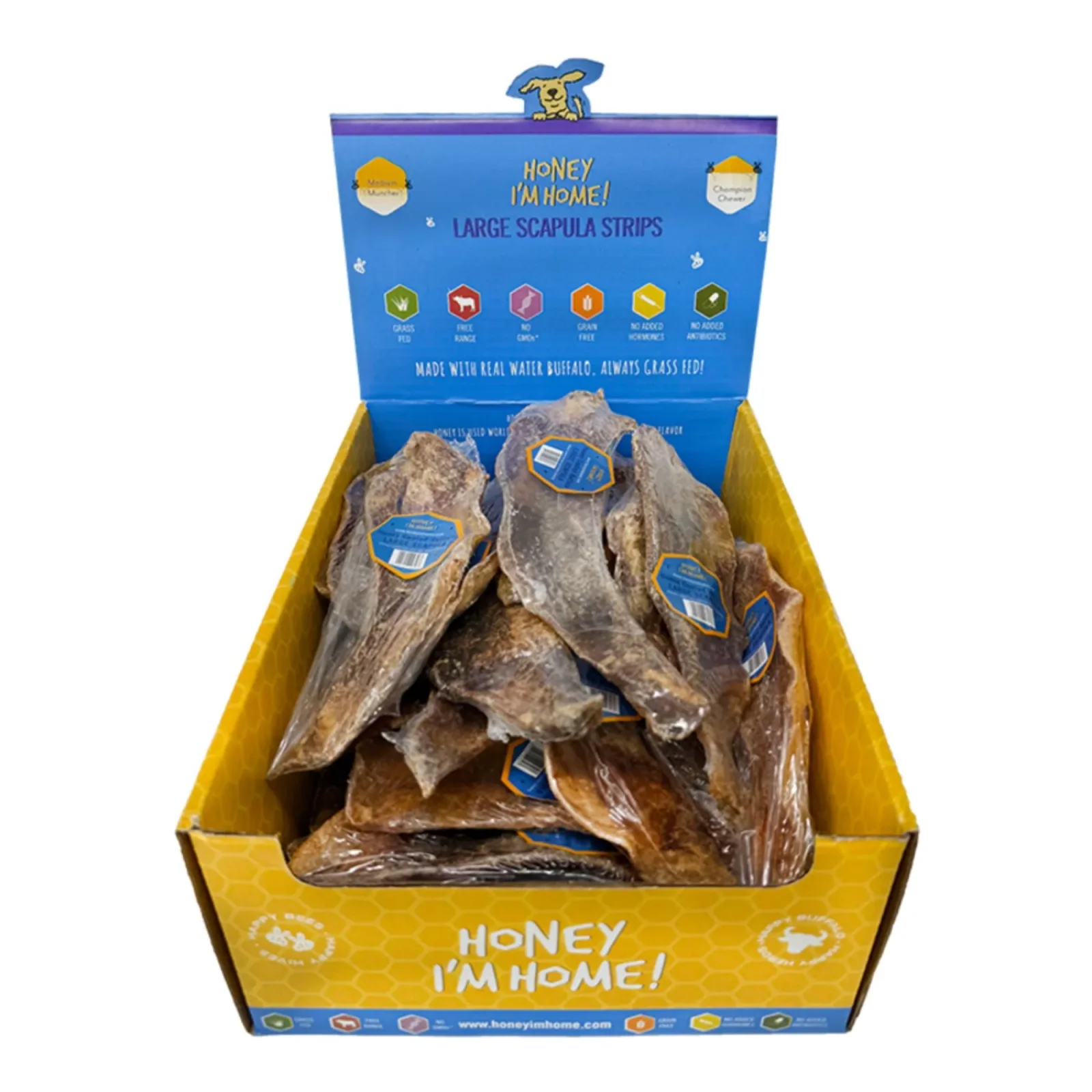 Honey I'm Home Water Buffalo Scapula Strips - Grain-Free Honey Dog Chew, 35-Count