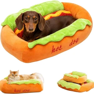 Hot Dog Dog Bed, Soft Plush Small Cute and Warm Cozy Food Dog Cat Bed
