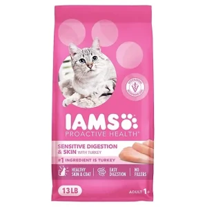 Iams Proactive Health Adult Indoor/Outdoor Sensitive Digestion and Skin Turkey Recipe Dry Cat Food, 13lb