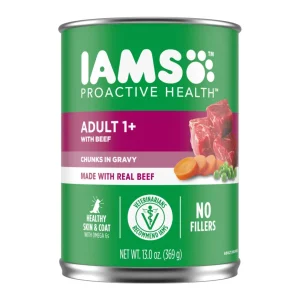 IAMS Proactive Health Chunks Adult Wet Dog Food Beef, Rice, Carrots & Green Beans in Gravy, 12.3 oz each, Case of 12