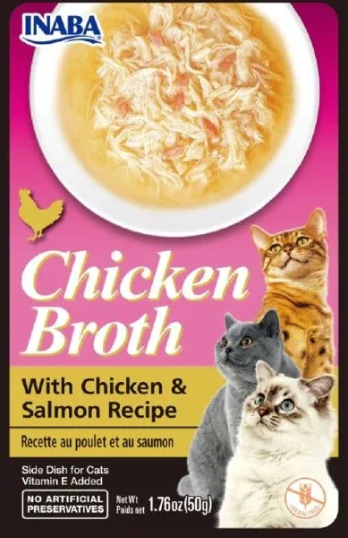 Inaba Chicken Broth Side Dish for Cats - Chicken and Salmon, 1.76 oz each, Case of 8