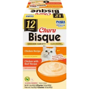 Inaba Churu Bisque Cat Food Side Dish - Single-Protein Chicken Variety Pack, 16.8 oz (12 ct)