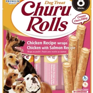 Inaba Churu Rolls Dog Treat Chicken Recipe wraps Chicken with Salmon Recipe