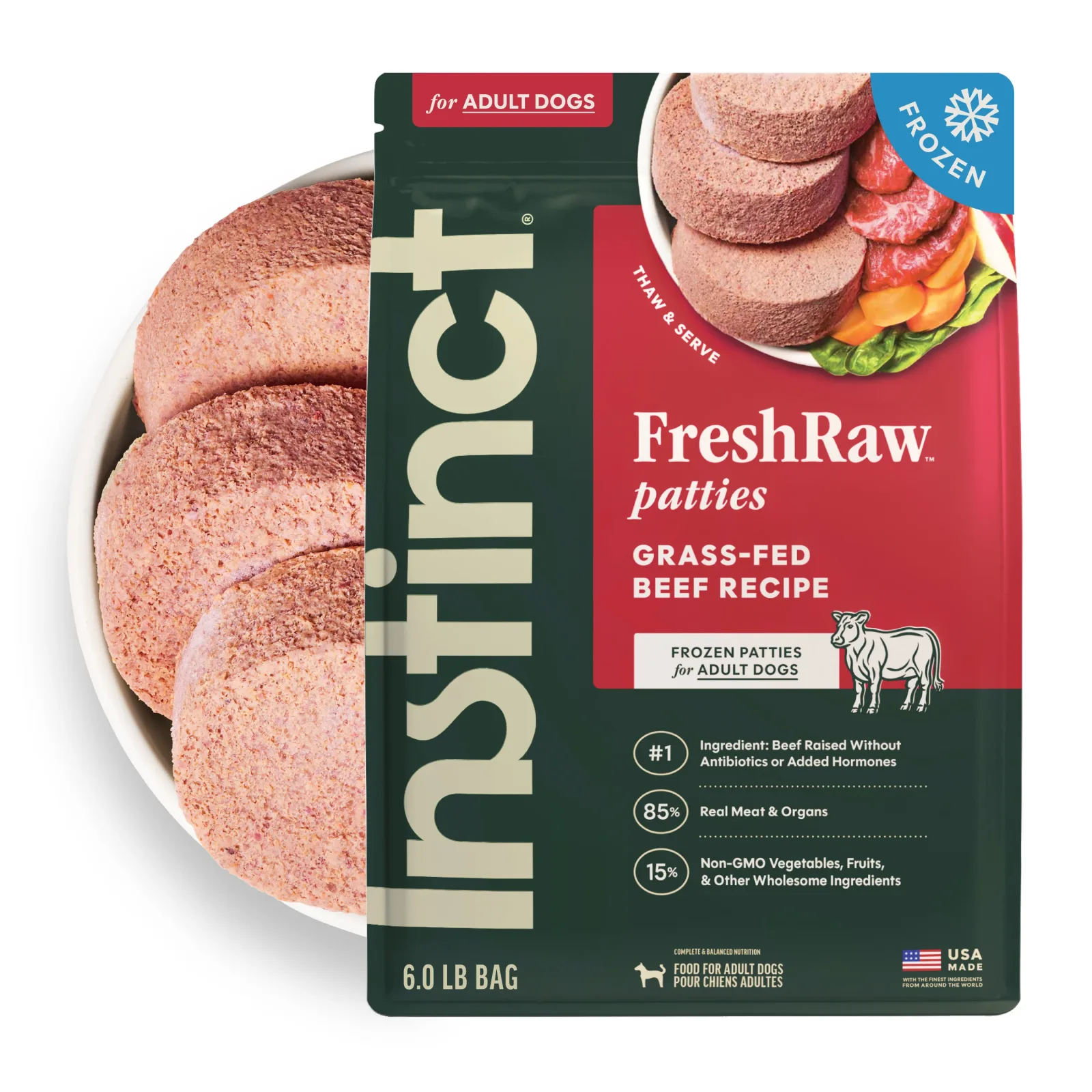 Instinct FreshRaw Patties Grass-Fed Beef Recipe for Adult Dogs, 6lbs