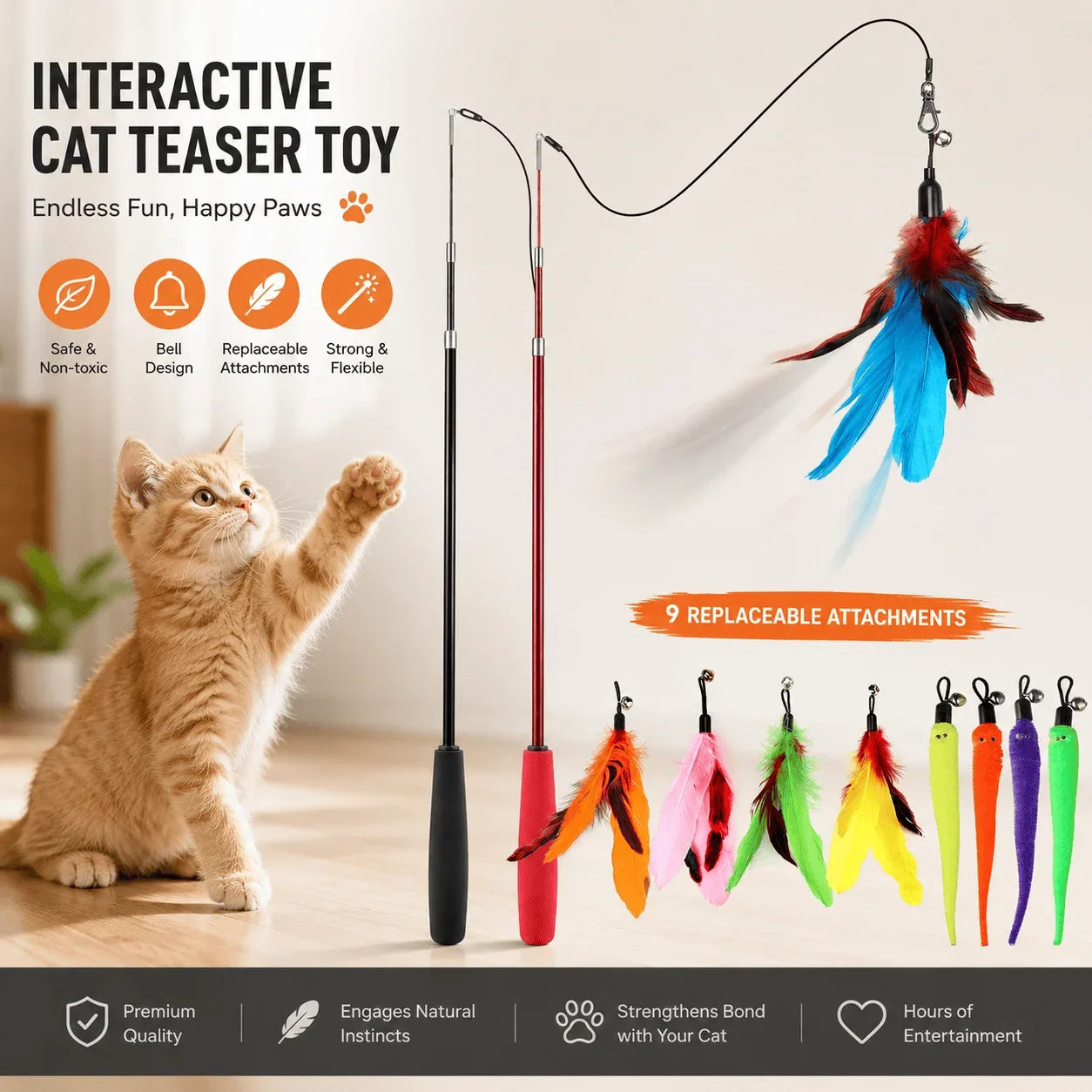 Interactive Cat Wand Toy Set - 2PCS Retractable Wand Toy and 9PCS Cat Feather Toys Refills - Image 2