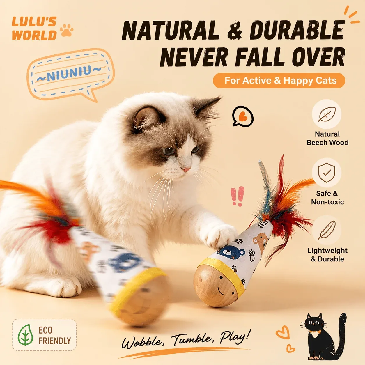 Interactive Wooden Wobble Cat Toy - Image 2