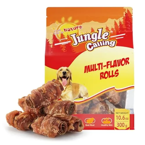Jungle Calling Multi Flavor Rolls Dog Treats, Made with Real Chicken Duck Beef Meat, Peanut Butter Flavor Rawhide-Free Dog Snacks, Health Skin and High Protein Dog Treat, 10.6 oz