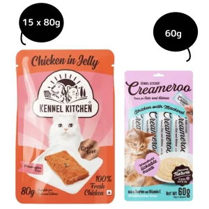 Kennel Kitchen Chicken in Jelly Wet Food and Creameroo Chicken with Mackerel Creamy Treats for Cats Combo