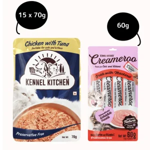 Kennel Kitchen Chicken with Tuna Shreds in Gravy Wet Food and Creameroo Crab with Mackerel Creamy Cat Treats Combo