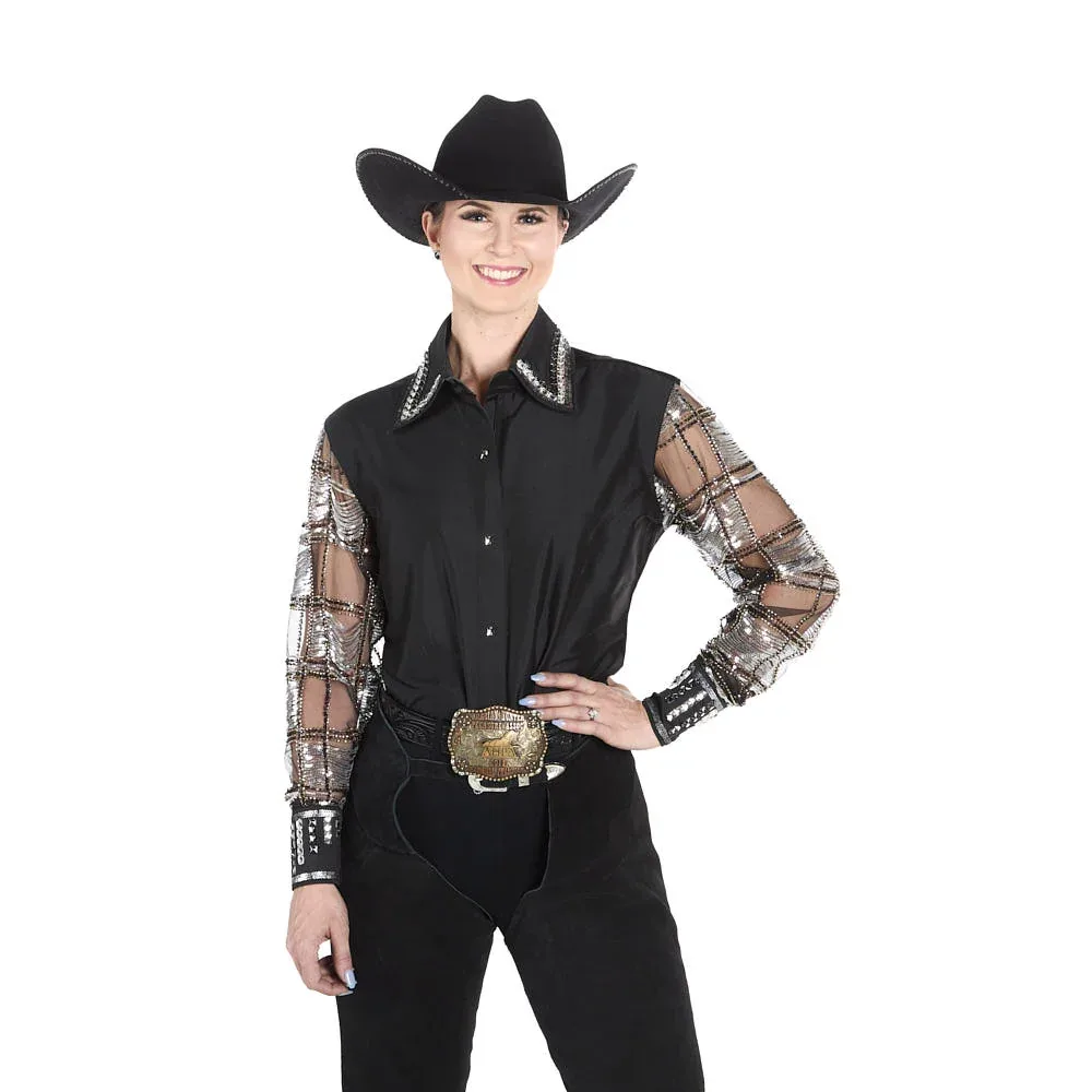 Kultured Rider Women's Black Taffeta with Shear Beaded Sleeve Show Top - Image 2