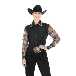 Kultured Rider Women's Black Taffeta with Shear Beaded Sleeve Show Top