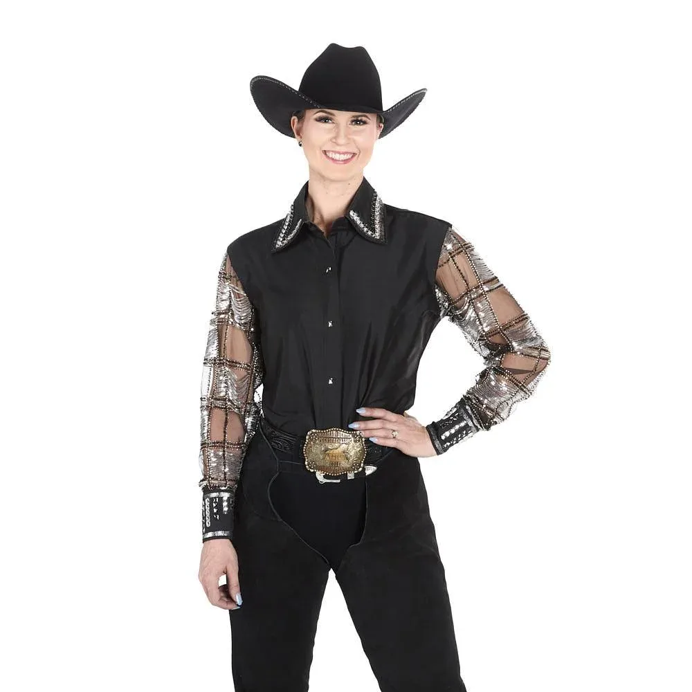 Kultured Rider Women's Black Taffeta with Shear Beaded Sleeve Show Top