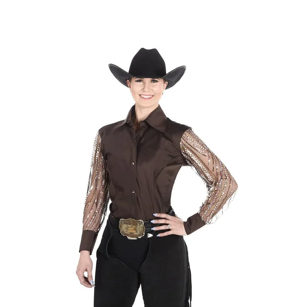 Kultured Rider Women's Brown Taffeta with Shear Beaded Sleeve Show Top