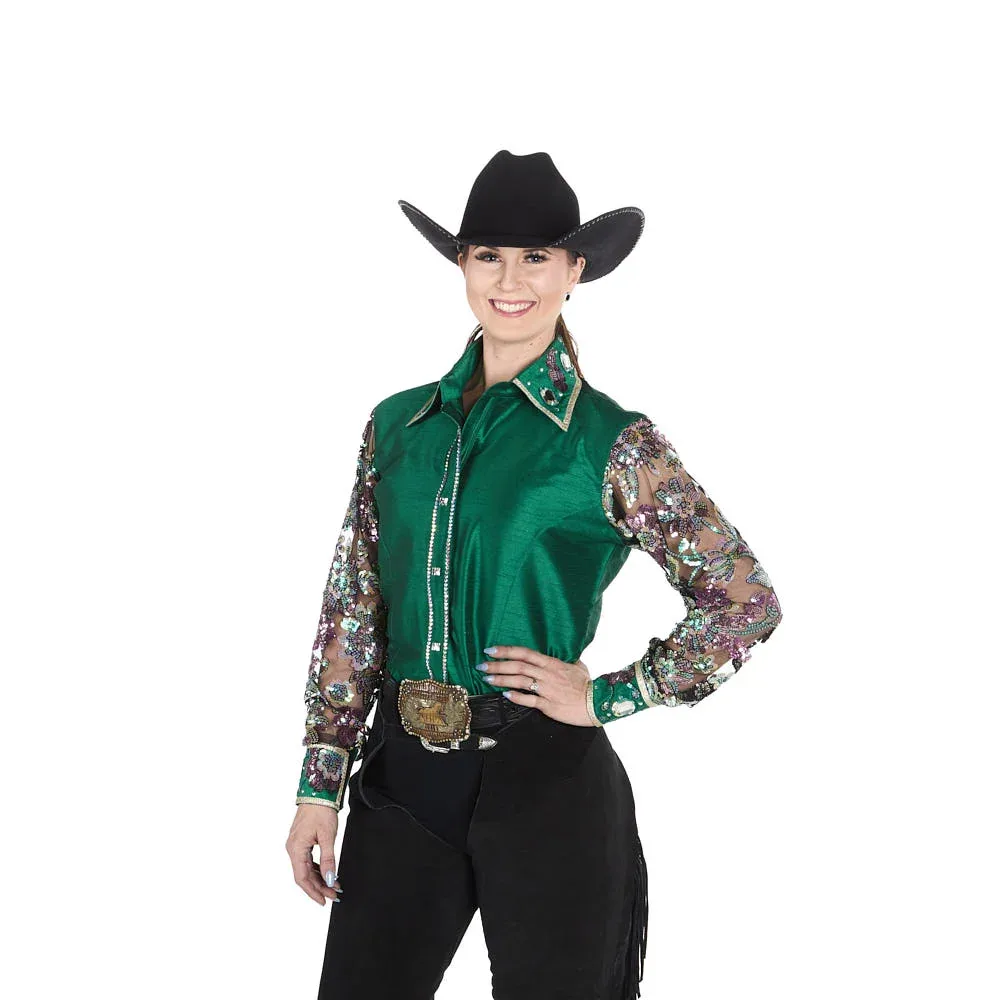 Kultured Rider Women's Green Taffeta with Sheer Floral Sleeves Show Top - Image 2