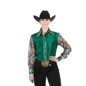 Kultured Rider Women's Green Taffeta with Sheer Floral Sleeves Show Top