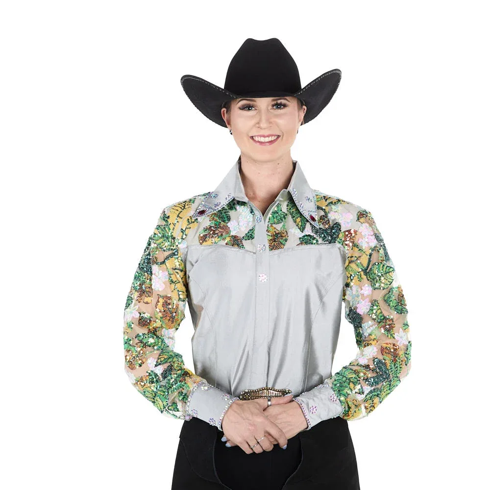 Kultured Rider Women's Silver Taffeta with Sheer Floral Sleeves Show Top - Image 2
