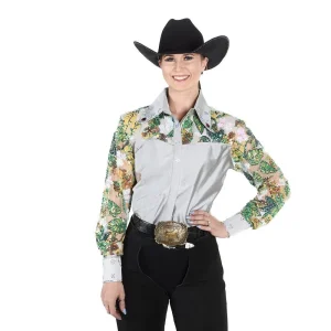 Kultured Rider Women's Silver Taffeta with Sheer Floral Sleeves Show Top