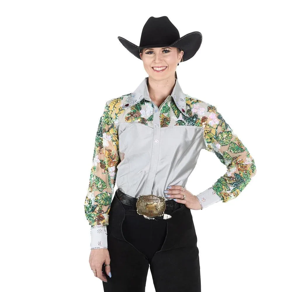 Kultured Rider Women's Silver Taffeta with Sheer Floral Sleeves Show Top