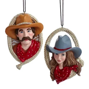 Kurt S. Adler Weern Cowboy Cowgirl Head Ornament 2 Assorted
