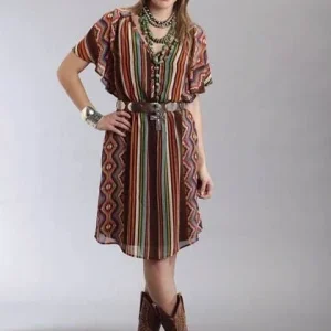 Ladies Serape Printed Chiffon Dress MD Brown