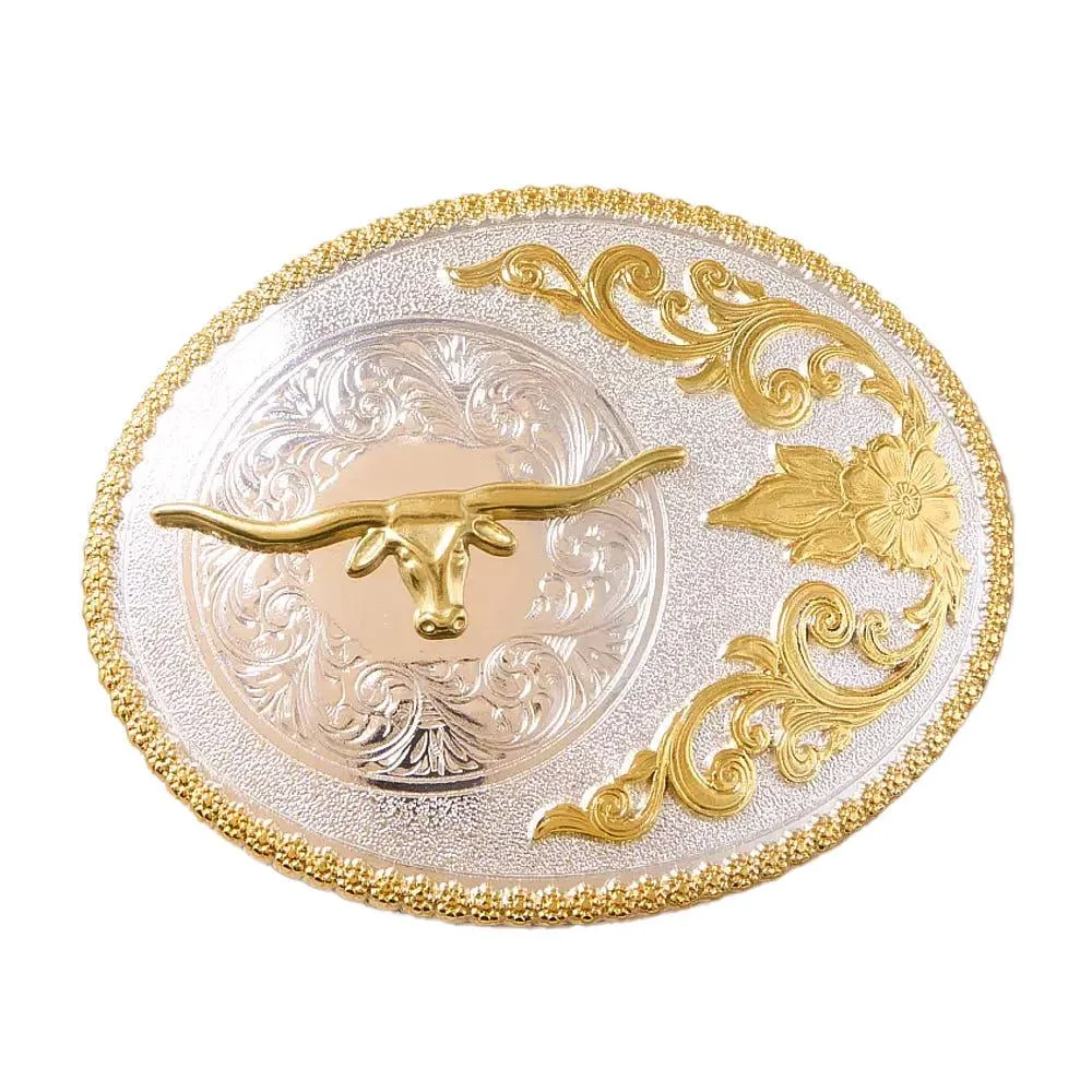 Large Oval Boxed Gold Longhorn Silver Belt Buckle