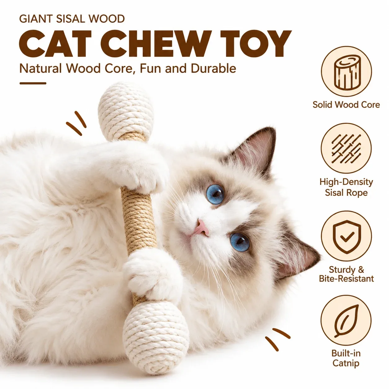 Large Sisal Catnip Kicker Toy – Solid Wood Core - Image 2