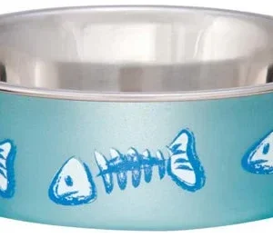Loving Pets Bella Designer Fish Skeleton Cat Dish Metallic Ocean, Blue, X-Small