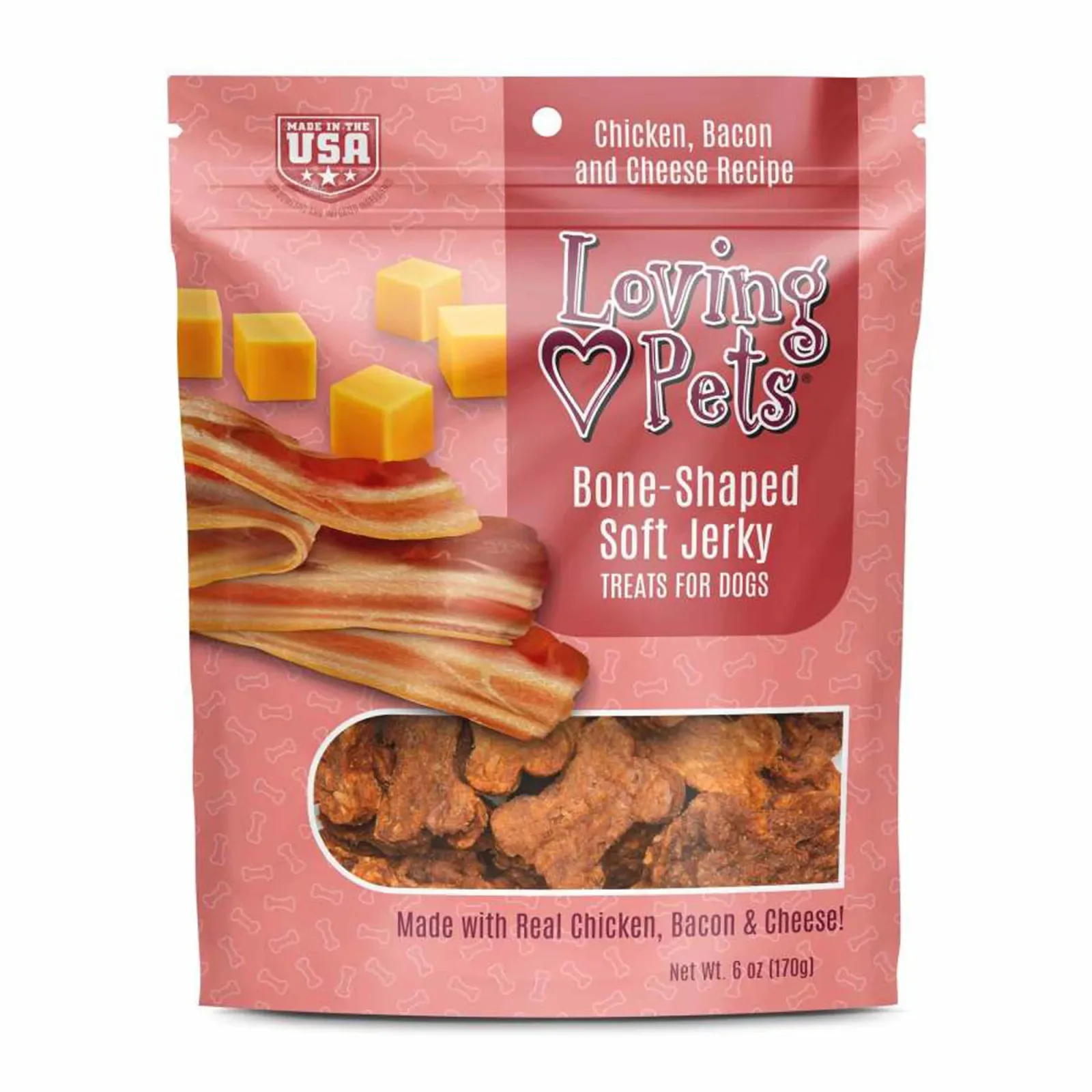 Loving Pets BoneShaped Soft Jerky Dog Treat Chicken, Bacon Cheese, 6 oz