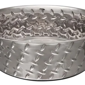Loving Pets Diamond Plate Bowls with Non Skid Bottom Dog Dish Bowl, Silver, 2 qt