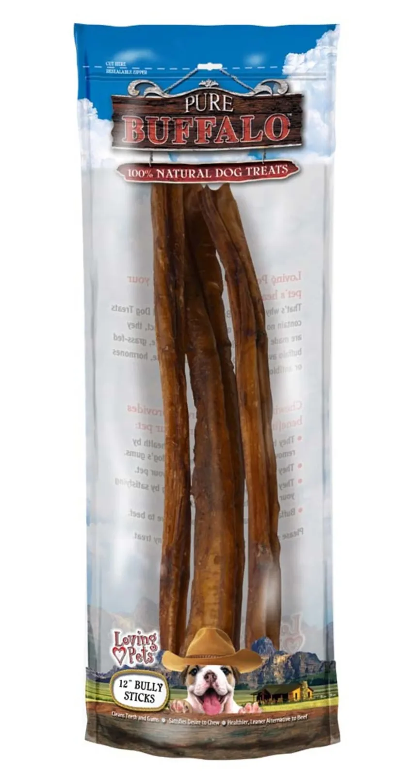Loving Pets Pure Buffalo Bully Sticks Dog Treat, 12 in, 3-Count