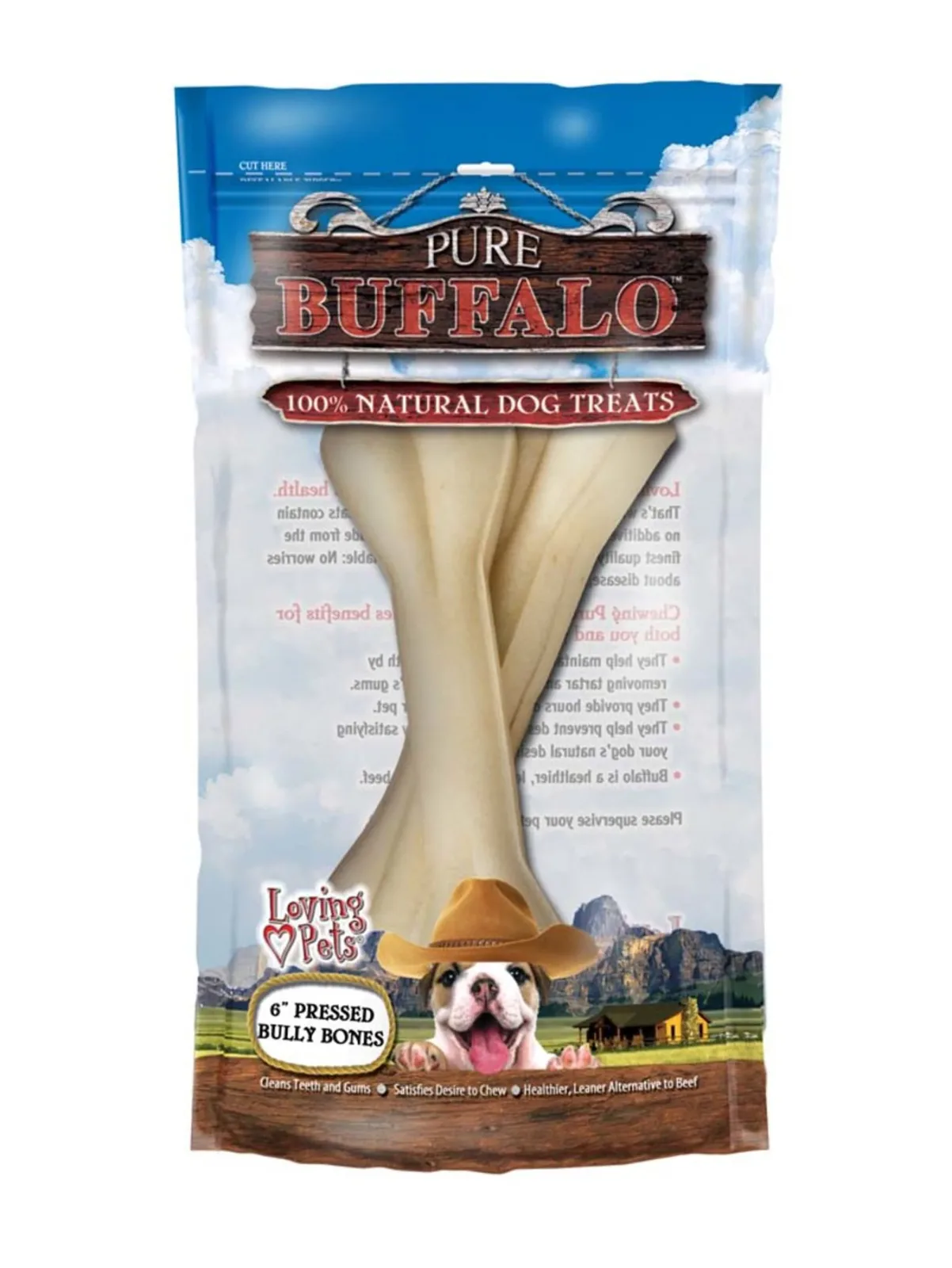 Loving Pets Pure Buffalo Pressed Bully Bones Dog Treat, 6 in, 2-Count