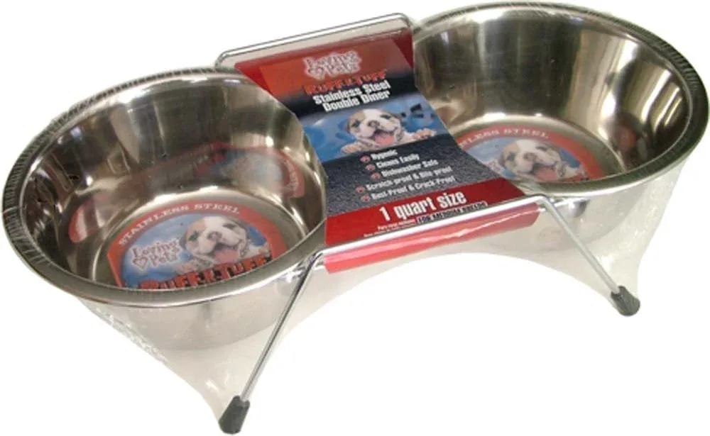 Loving Pets Stainless Steel Double Dog Diner Wrapped Silver, 1 qt