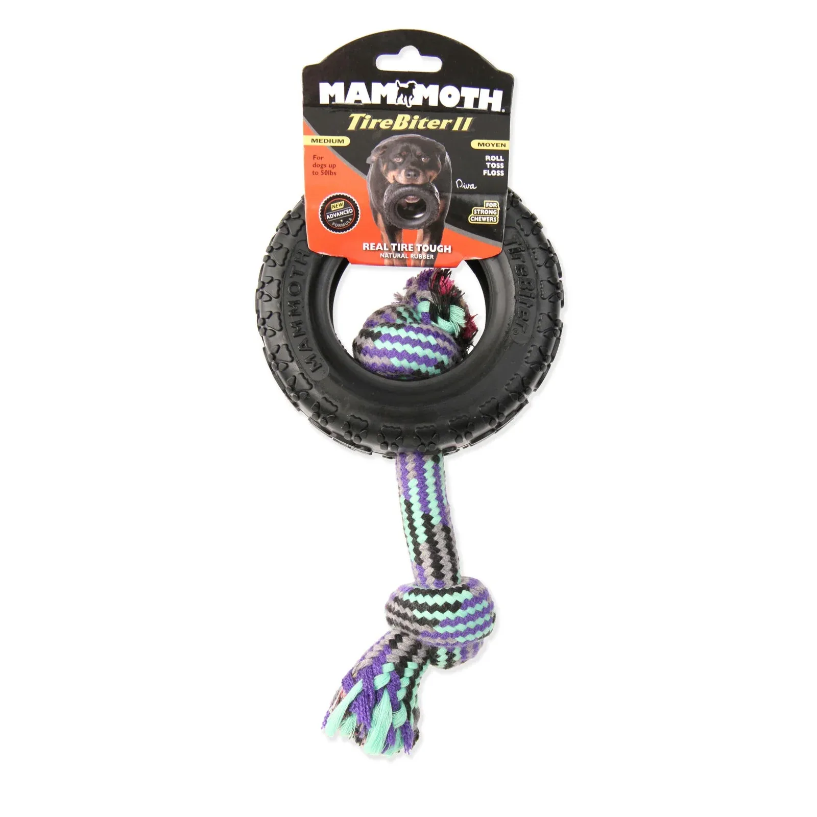 Mammoth Pet Products TireBiter II with Rope Dog Toy Multi-Color, 5 in, Medium