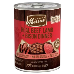 Merrick Grain Free Premium And Natural Canned Dog Food, Soft And Healthy Wet Recipe, Real Beef Lamb And Bison