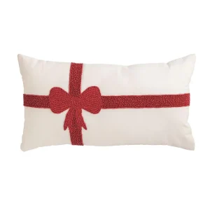 Mud Pie Christmas Bow Lumbar Beaded Pillow