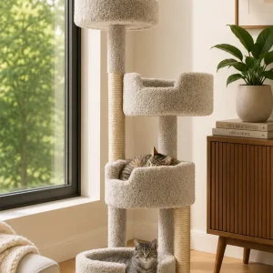 Multi-Level Cat Tower with Easy Climbing Steps | 55″ Solid Wood Cat Tree