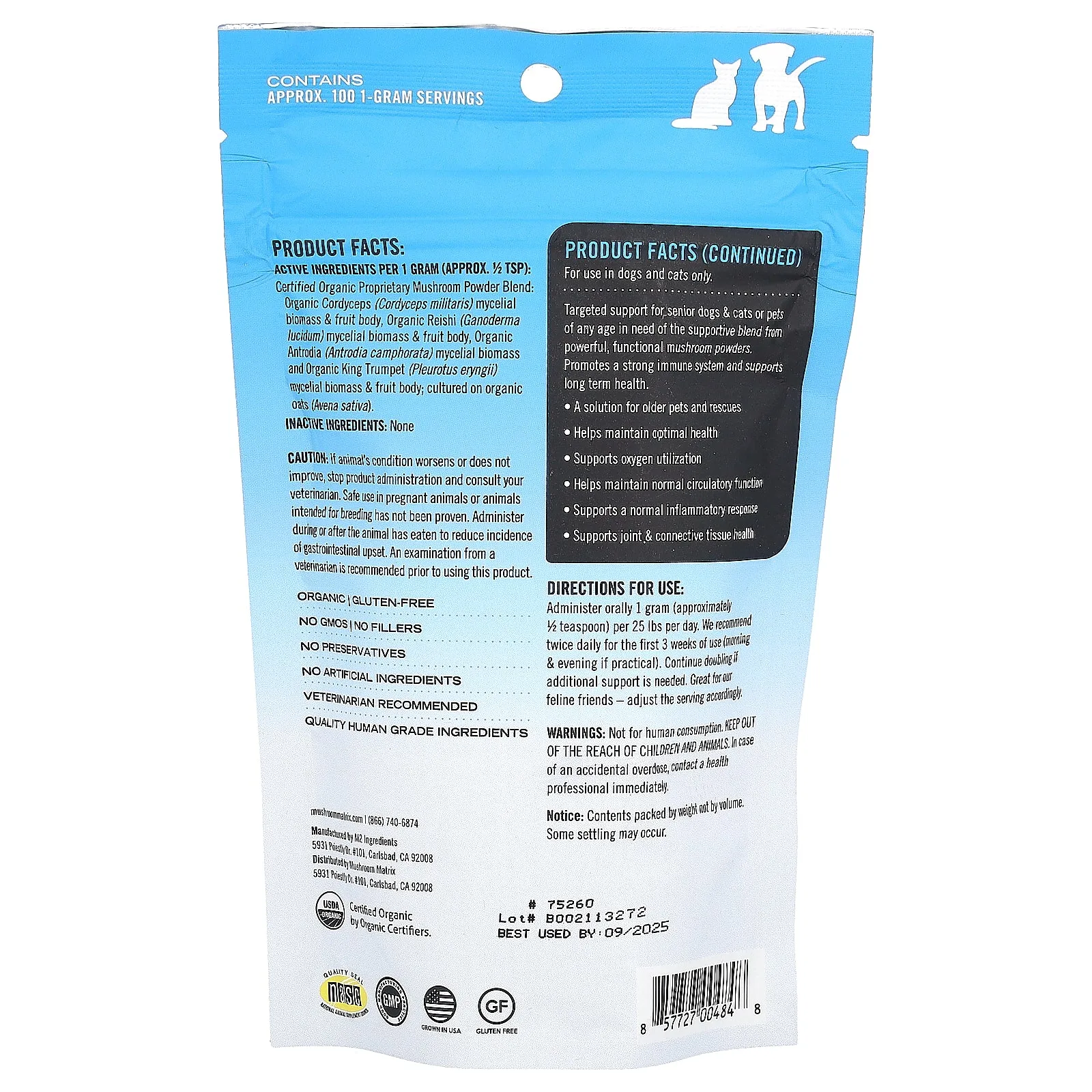 Mushroom Matrix Canine, Maximum Recovery, Certified Organic Mushroom Powder, For 25 lb Pet, For Dogs and Cats, 3.5 oz (100 g) - Image 2
