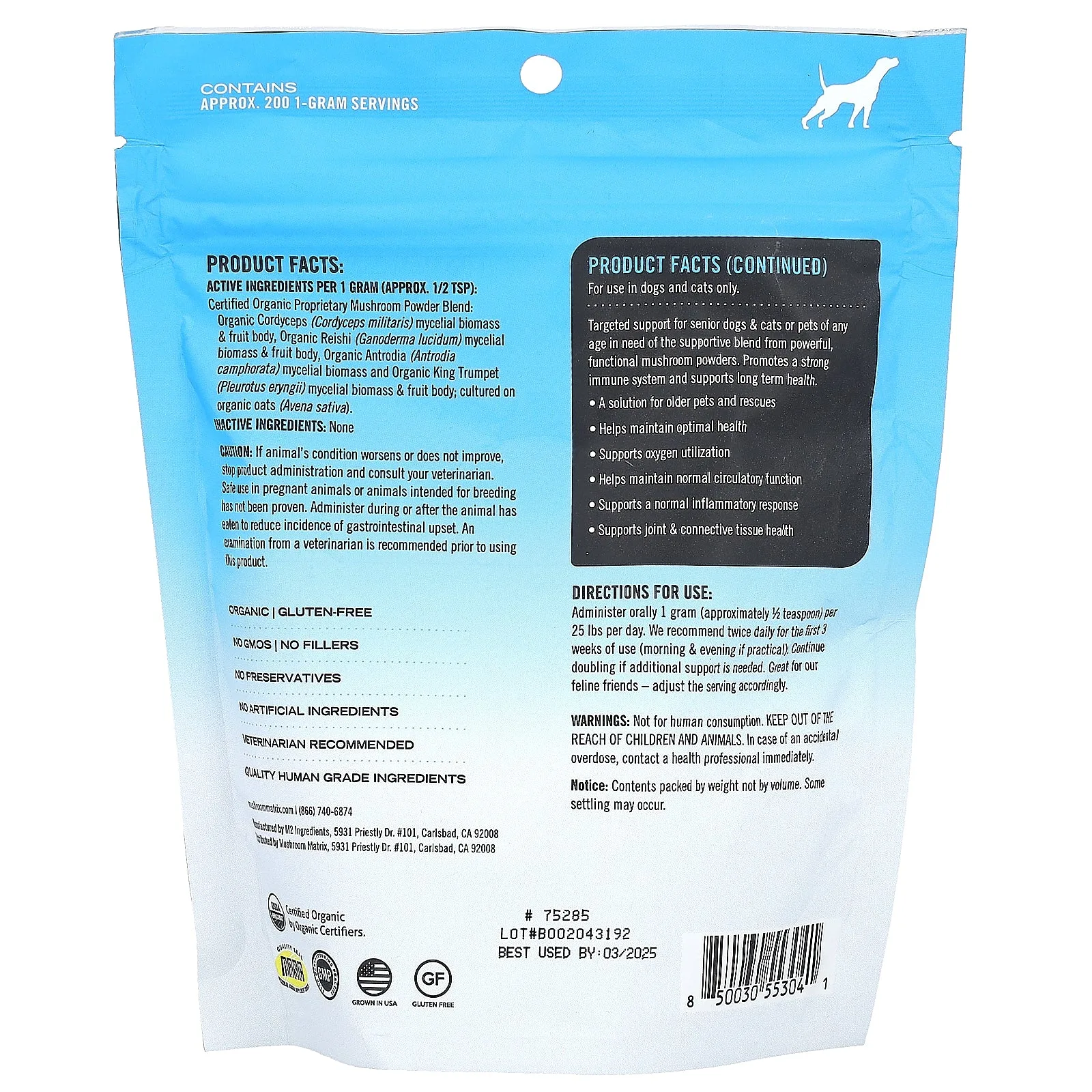 Mushroom Matrix Canine, Maximum Recovery, Certified Organic Mushroom Powder, For 50 lb Pet, For Dogs and Cats, 7.1 oz (200 g) - Image 2