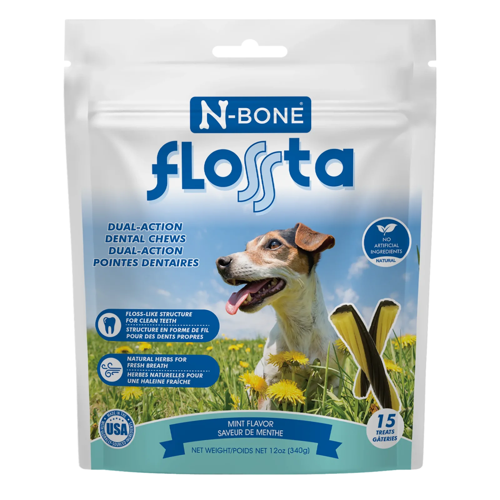 N-Bone Flossta Dual Action Dog Dental Chew Mint 15 ct, 12 oz