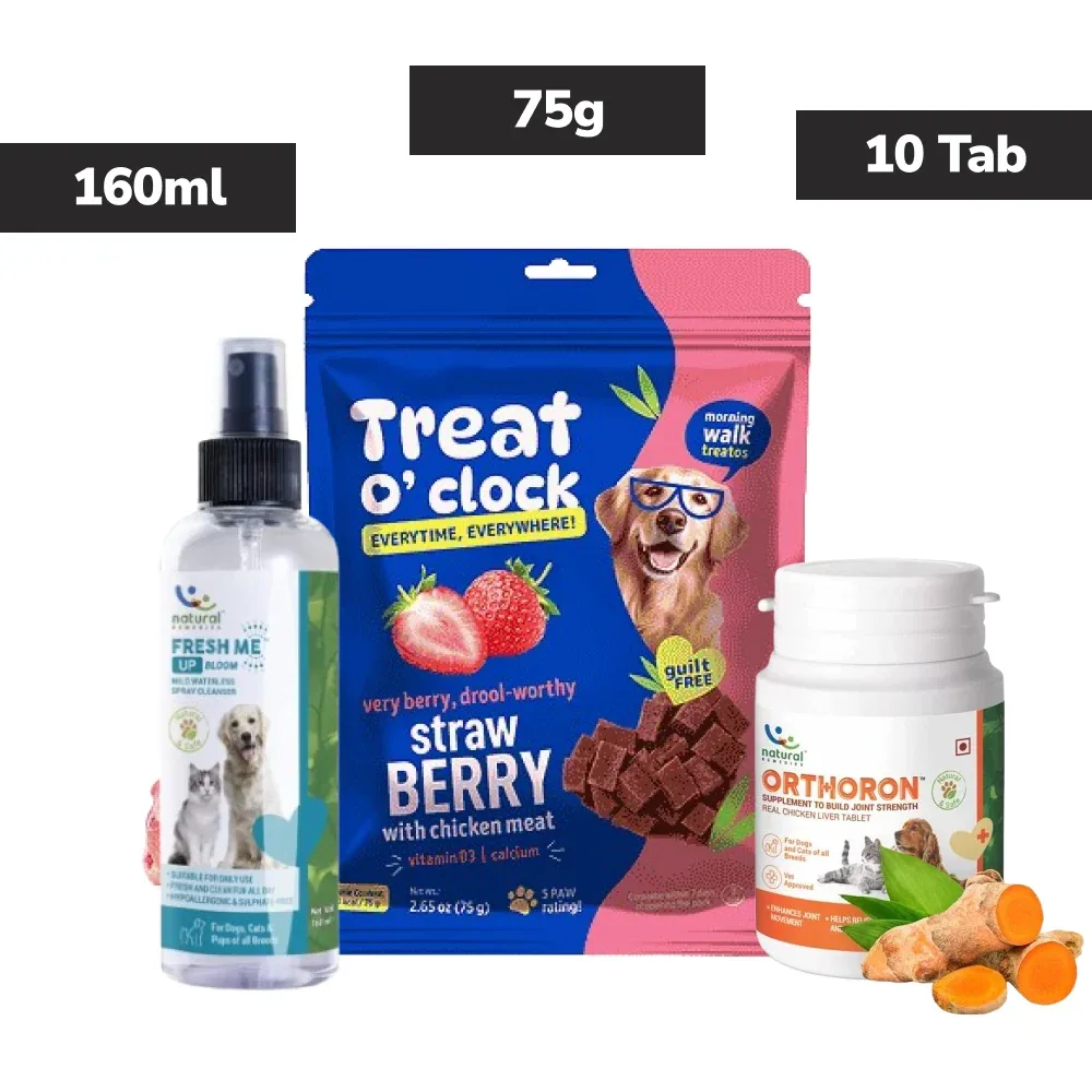 Natural Remedies Treat O'Clock Strawberry, Fresh Me Up Shampoo & Orthoron Joint Support Tablets Dog Combo