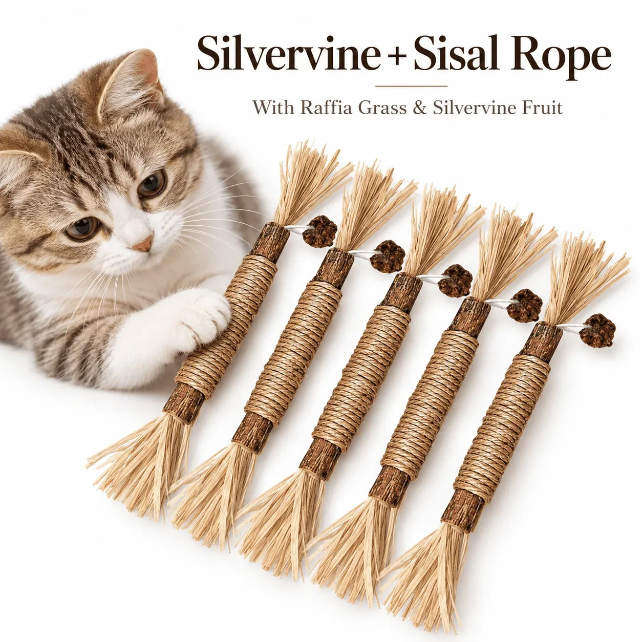 Natural Silvervine Cat Chew Stick with Sisal Rope & Raffia - Image 2