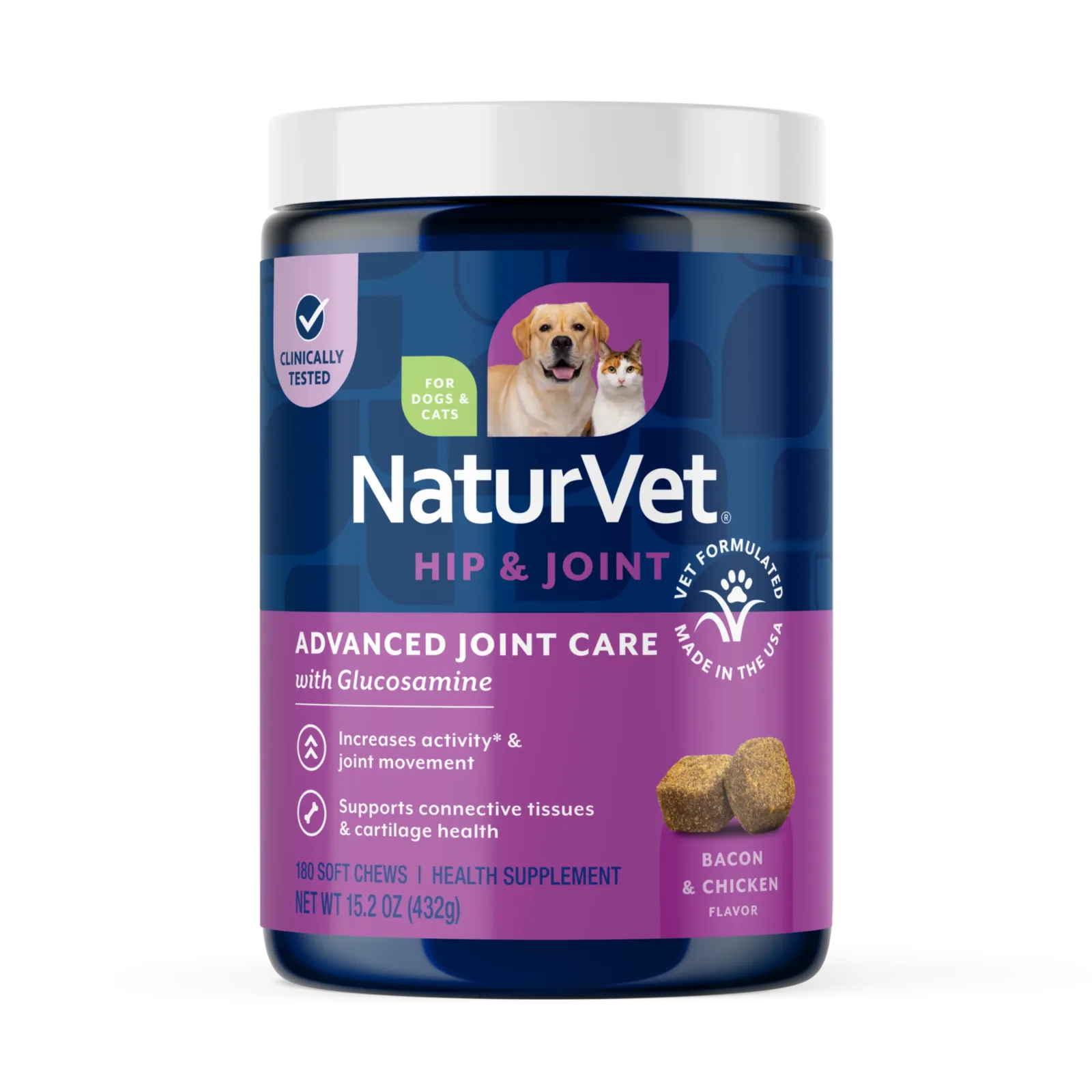 NaturVet Advanced Joint Care Hip & Joint Supplement for Dogs and Cats, Bacon and Chicken Flavor, 180 Count