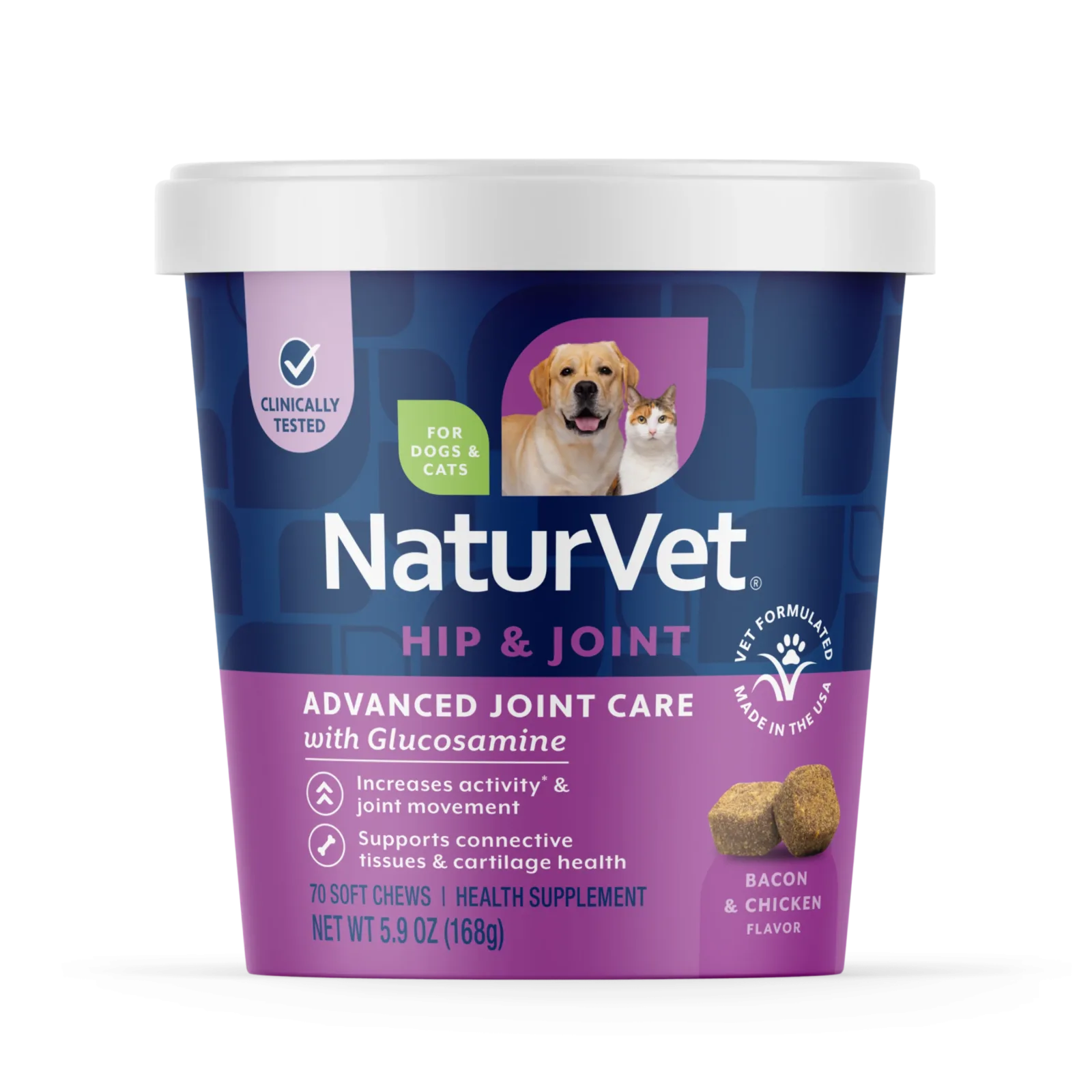 NaturVet Advanced Joint Care Hip & Joint Supplement for Dogs and Cats, Bacon and Chicken Flavor, 70 Count