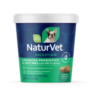 NaturVet Advanced Probiotics & Enzymes Digestion Supplement for Dogs, Bacon & Chicken Flavor, 70 Count